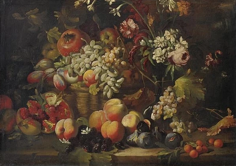 Natura morta di frutta e fiori con melograni e more